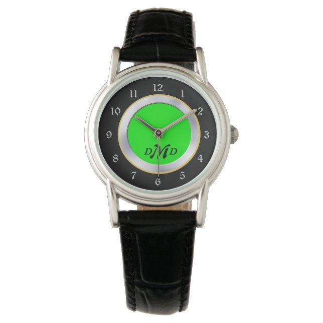 Bright Green Silver Black Monogram Watch (Front)