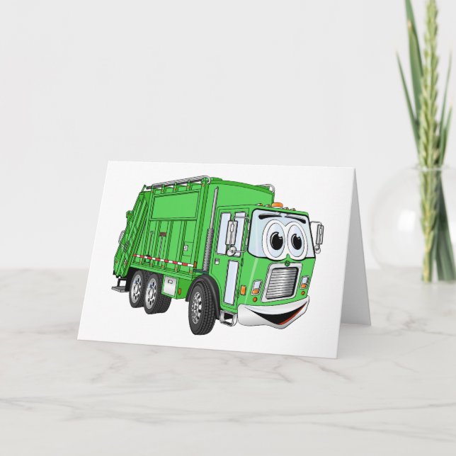 Bright Green Smiling Garbage Truck Cartoon Card (Front)