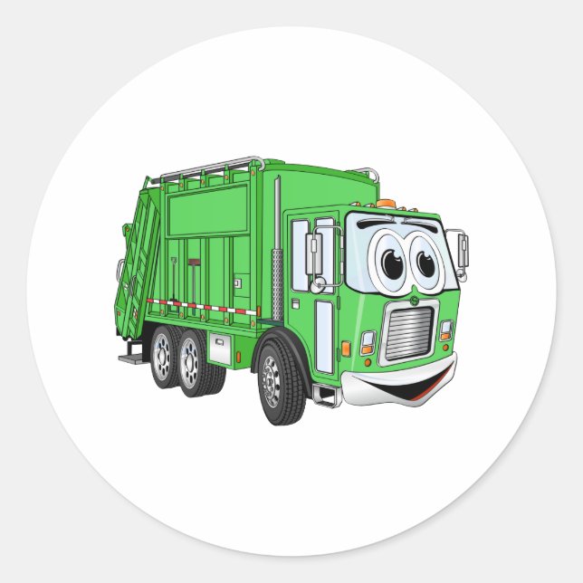 Bright Green Smiling Garbage Truck Cartoon Classic Round Sticker (Front)