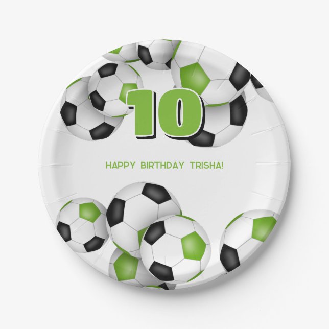bright green soccer balls sports birthday party paper plate (Front)
