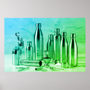Bright Green Steel Water Bottles on a Retro Wall Poster