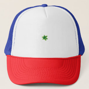 Bright green, stylised flower with a halftone effe trucker hat