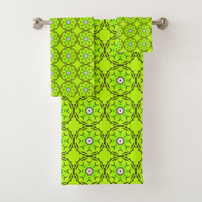 Bright green towel with intricate circular pattern (Insitu)
