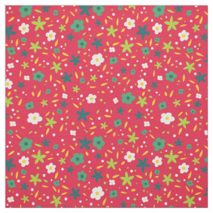 Bright Greens and Red Cute Ditsy Floral Pattern Fabric