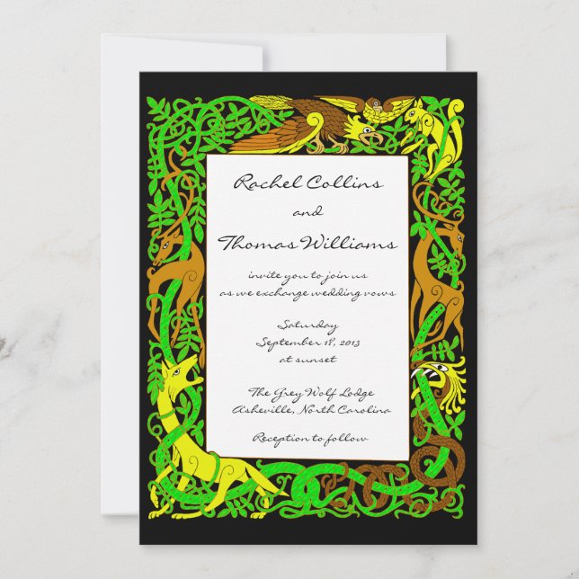Bright Greens Celtic Animals Wedding Invitation (Front)