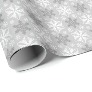 Bright Grey and Winter White Snowflake Pattern Wrapping Paper
