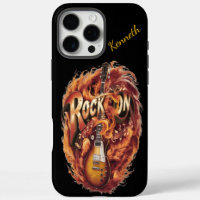 Bright guitar surrounded by flames and music notes