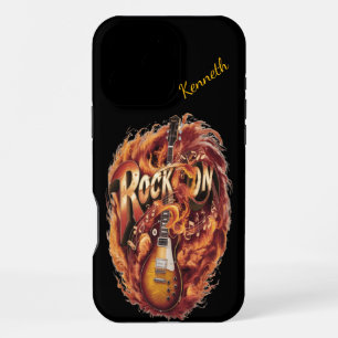 Bright guitar surrounded by flames and music notes iPhone 16 pro max case