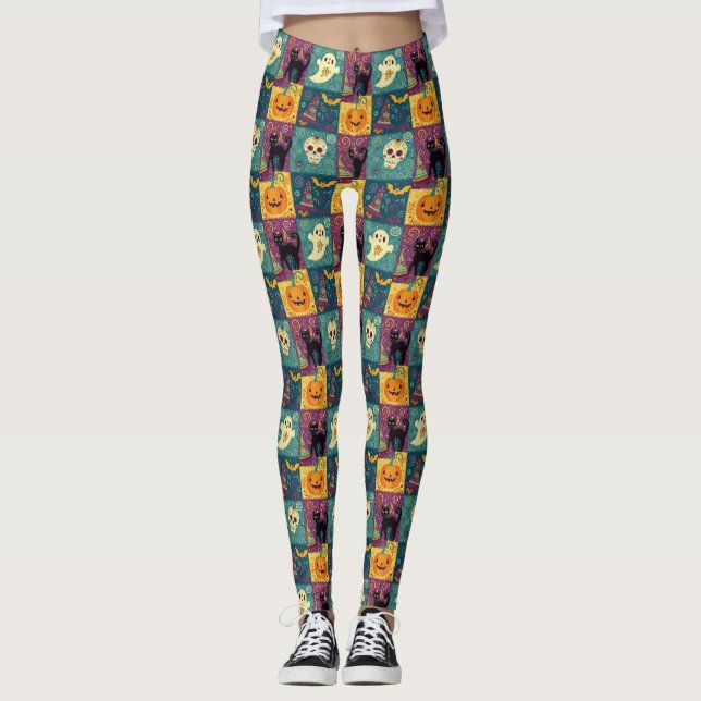 Bright Halloween Patchwork Print Leggings (Front)