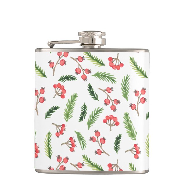 Bright Hand Drawn Christmas Mistletoe Pattern Hip Flask (Front)