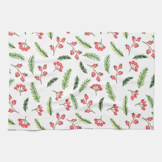 Bright Hand Drawn Christmas Mistletoe Pattern Tea Towel (Horizontal)