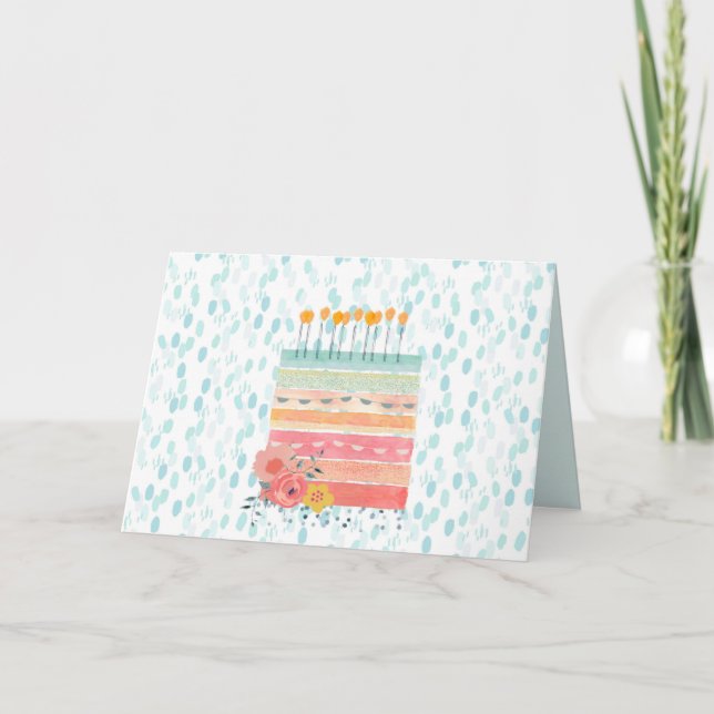 Bright Happy Birthday Cake Custom Text Blue Card (Front)