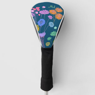 Bright Happy Colourful flowers Dark Teal+Initials Golf Head Cover