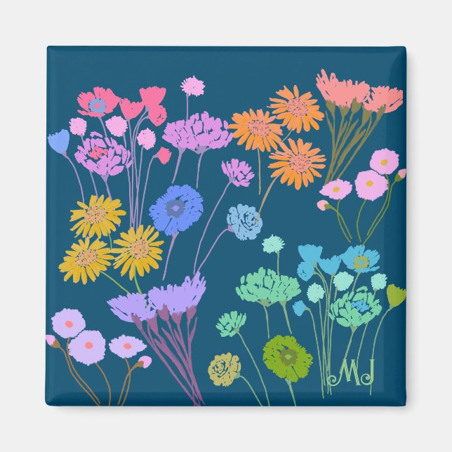 Bright Happy Colourful flowers Dark Teal+Initials Magnet (Front)