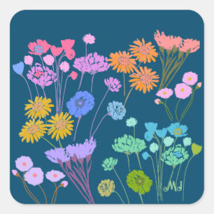 Bright Happy Colourful flowers Dark Teal+Initials Square Sticker