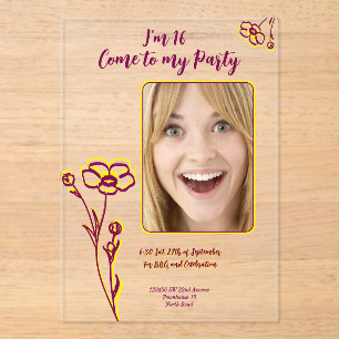Bright Happy Purple & Yellow Flower 16th Birthday Acrylic Invitations
