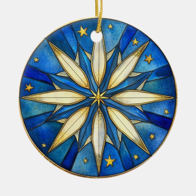 BRIGHT HOLIDAY BLUE AND GOLD STAR SHAPE CERAMIC ORNAMENT (Front)