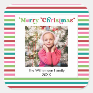 Bright Holiday Christmas Stripes Photo Template Square Sticker