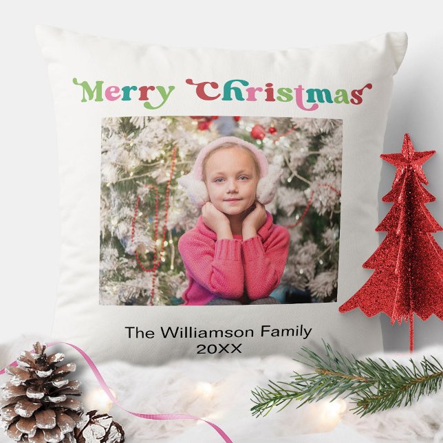 Bright Holiday Merry Christmas Typography Photo Cushion (Creator Uploaded)