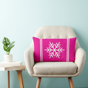 Bright Holiday Pink White Racing Stripes Snowflake Lumbar Cushion