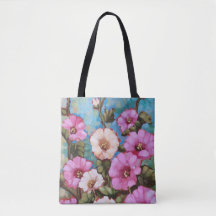 "Bright Hollyhocks" 16" x 16"  Tote Bag