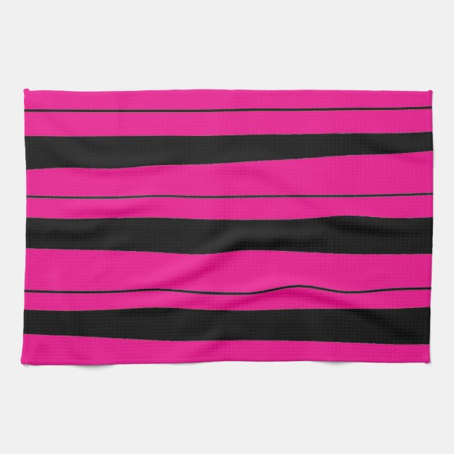 Bright hot pink and black striped pattern tea towel (Horizontal)