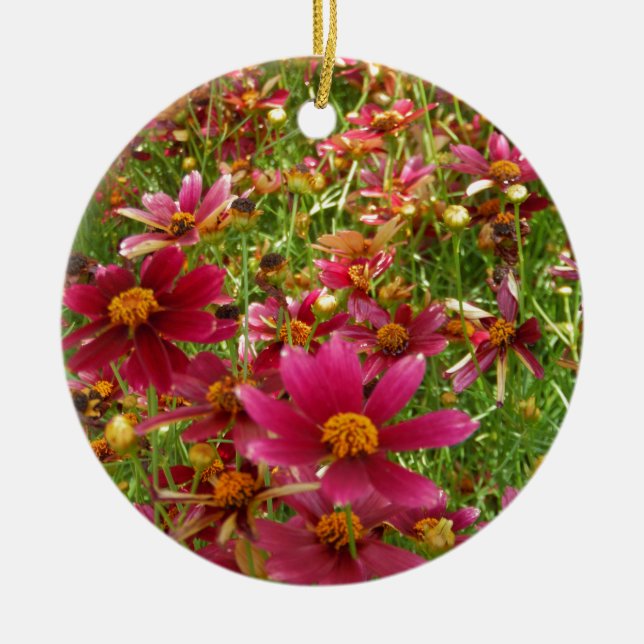Bright Hot Pink and Yellow Daisy flowers Ceramic Ornament (Front)