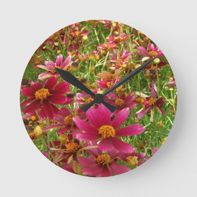 Bright Hot Pink and Yellow Daisy flowers Round Clock (Front)