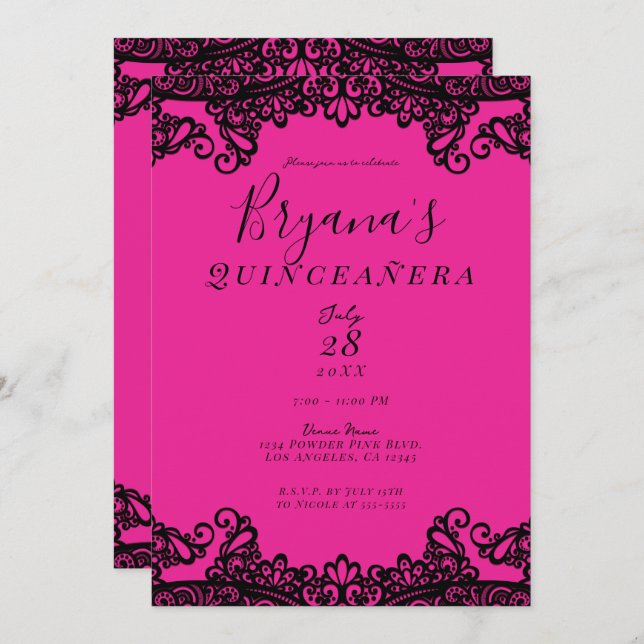 Bright Hot  Pink Black Ink Lace 15th Quinceañera  Invitation (Front/Back)