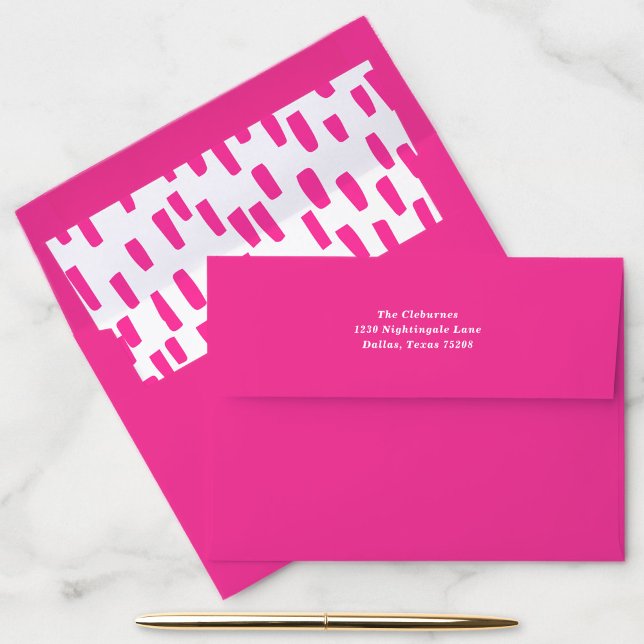 Bright Hot Pink Dashing Return Address Envelope (Bright hot pink return address envelope with dashing inside liner.)