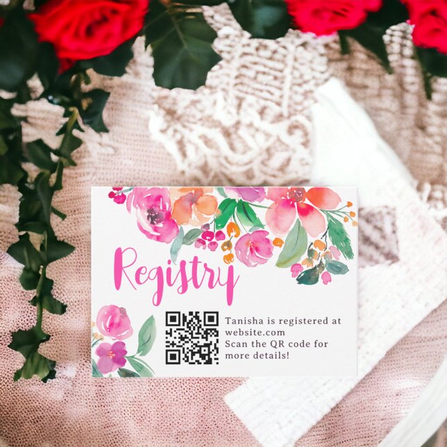 Bright hot pink fall floral script bridal registry enclosure card (Bright hot pink fall floral script bridal registry enclosure card)