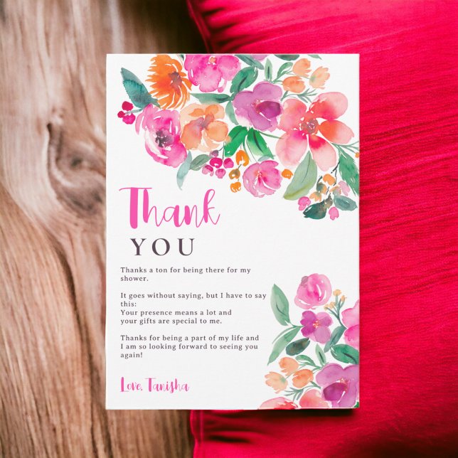 Bright hot pink fall floral script bridal shower thank you card (Bright hot pink fall floral script bridal shower thank you card)