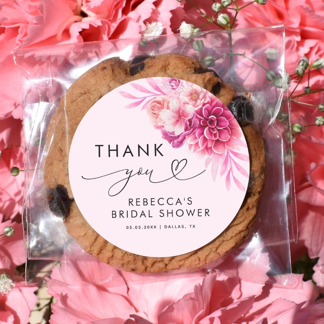 Bright Hot Pink Floral Bridal Shower Thank You  Classic Round Sticker (Creator Uploaded)
