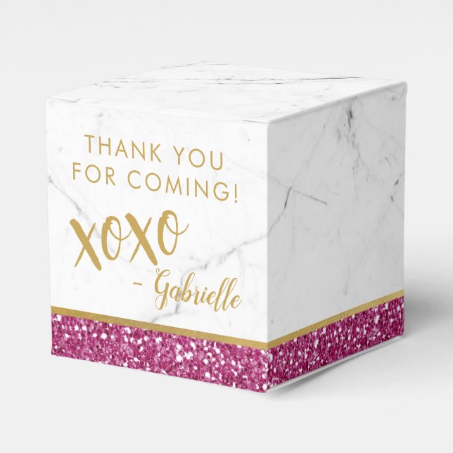Bright Hot Pink Gold Glitter Marble xoxo Birthday Favour Box (Front Side)