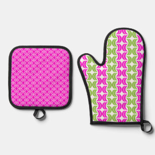 BRIGHT HOT PINK & GREEN GEOMETRIC PATTERNS OVEN MITT & POT HOLDER SET