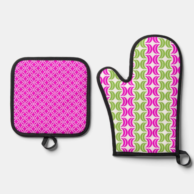 BRIGHT HOT PINK & GREEN GEOMETRIC PATTERNS OVEN MITT & POT HOLDER SET (Front)
