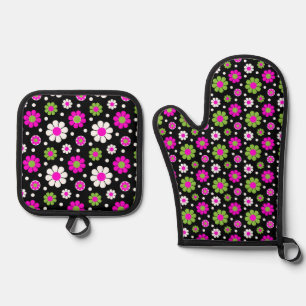 BRIGHT HOT PINK & LIME GREEN FLOWERS OVEN MITT & POT HOLDER SET