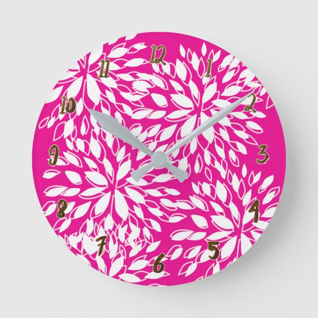 Bright Hot Pink Modern Floral Personalised Round Clock (Front)