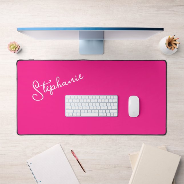 Bright Hot Pink Personalised Script Name Stylish  Desk Mat (Office 1)