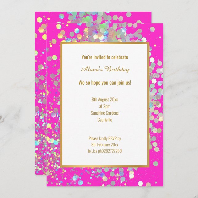 BRIGHT HOT PINK WHITE HOLOGRAPHIC SPOT  INVITATION (Front/Back)