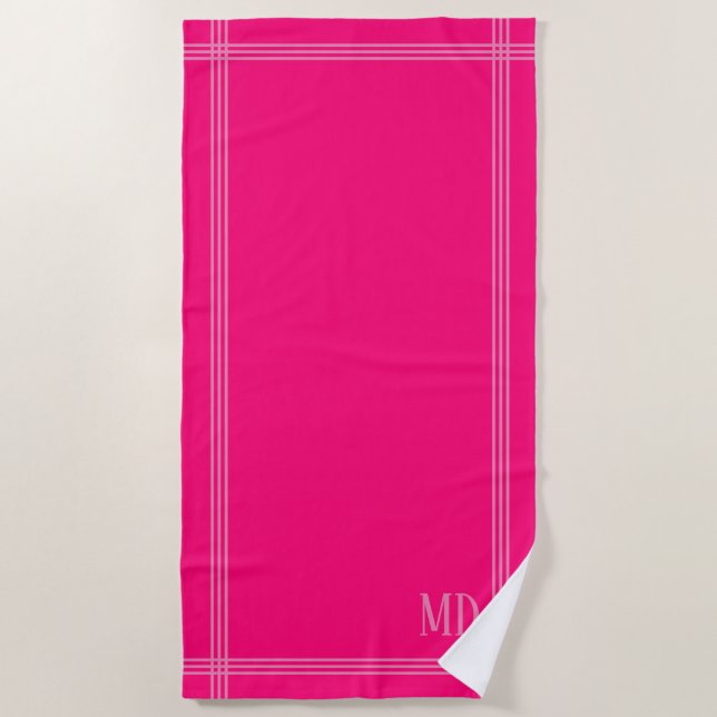 Bright Hot Pink with Pink Stripes Custom Initials Beach Towel (Front)