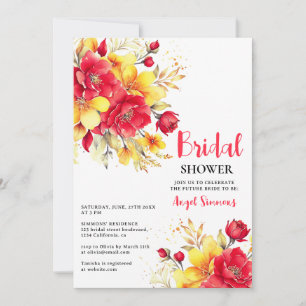 Bright hot red fall floral script bridal shower invitation