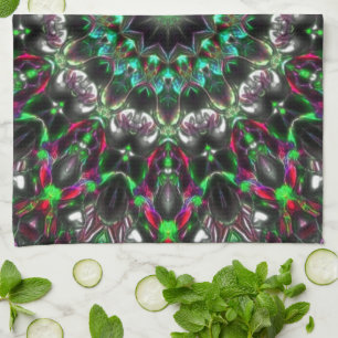 Bright hue on dark in medallion-style kaleidoscope tea towel