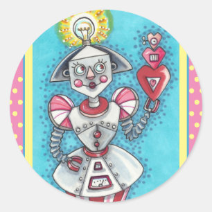 BRIGHT IDEA GIRL ROBOT, COLORFUL MECHANICAL HEARTS CLASSIC ROUND STICKER