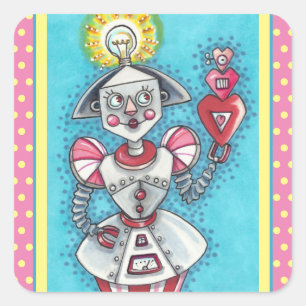 BRIGHT IDEA GIRL ROBOT, COLORFUL MECHANICAL HEARTS SQUARE STICKER