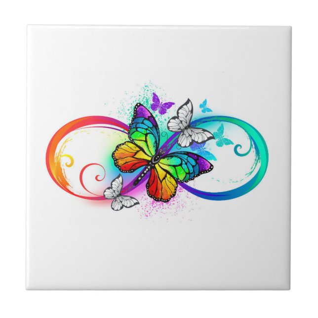 Bright infinity with rainbow butterfly ceramic tile (Front)