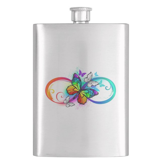 Bright infinity with rainbow butterfly hip flask (Front)
