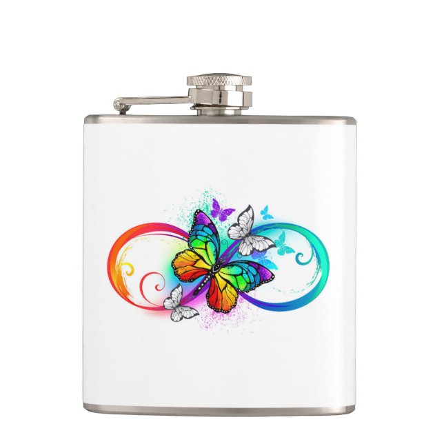 Bright infinity with rainbow butterfly hip flask (Front)