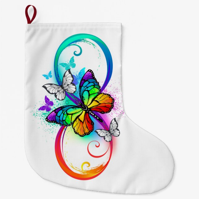 Bright infinity with rainbow butterfly large christmas stocking (Front)