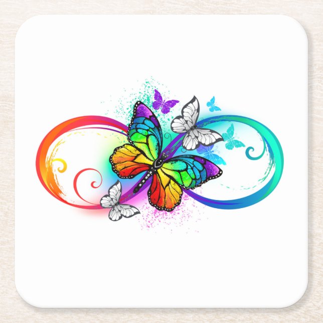 Bright infinity with rainbow butterfly square paper coaster (Front)